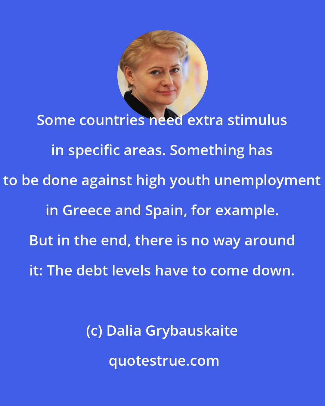 Dalia Grybauskaite: Some countries need extra stimulus in specific areas. Something has to be done against high youth unemployment in Greece and Spain, for example. But in the end, there is no way around it: The debt levels have to come down.