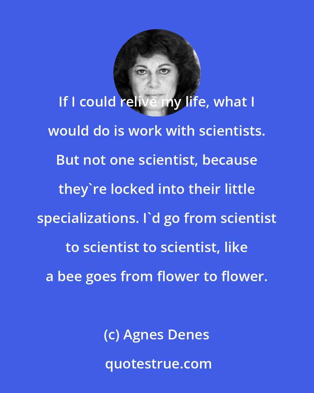 Agnes Denes: If I could relive my life, what I would do is work with scientists. But not one scientist, because they're locked into their little specializations. I'd go from scientist to scientist to scientist, like a bee goes from flower to flower.