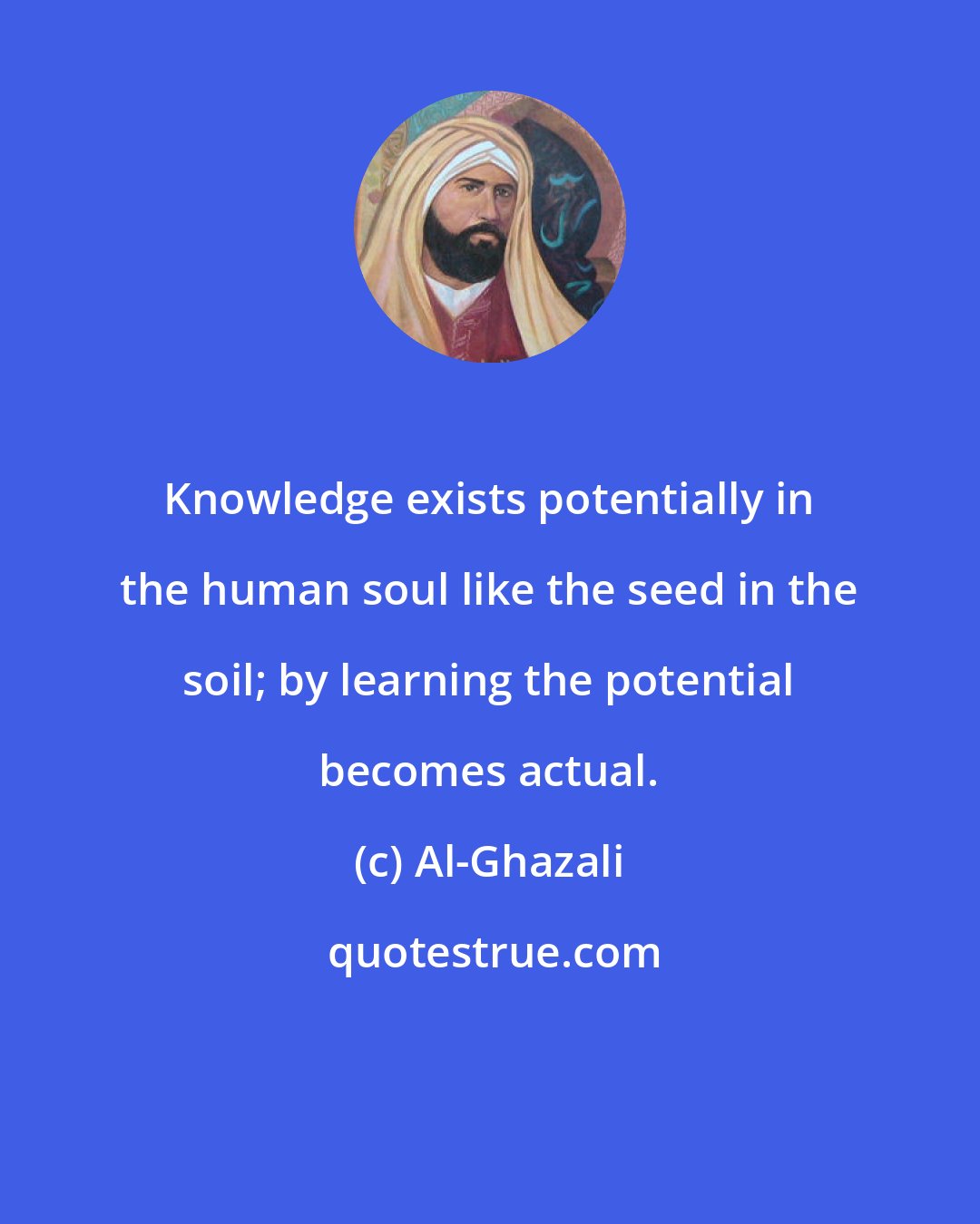 Al-Ghazali: Knowledge exists potentially in the human soul like the seed in the soil; by learning the potential becomes actual.