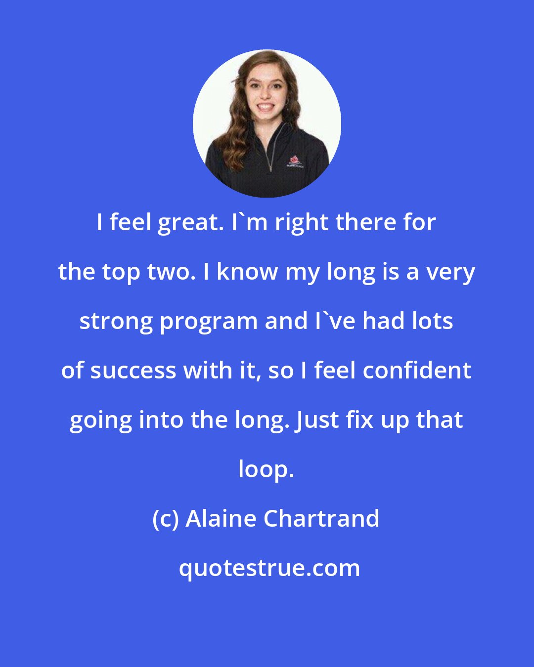 Alaine Chartrand: I feel great. I'm right there for the top two. I know my long is a very strong program and I've had lots of success with it, so I feel confident going into the long. Just fix up that loop.