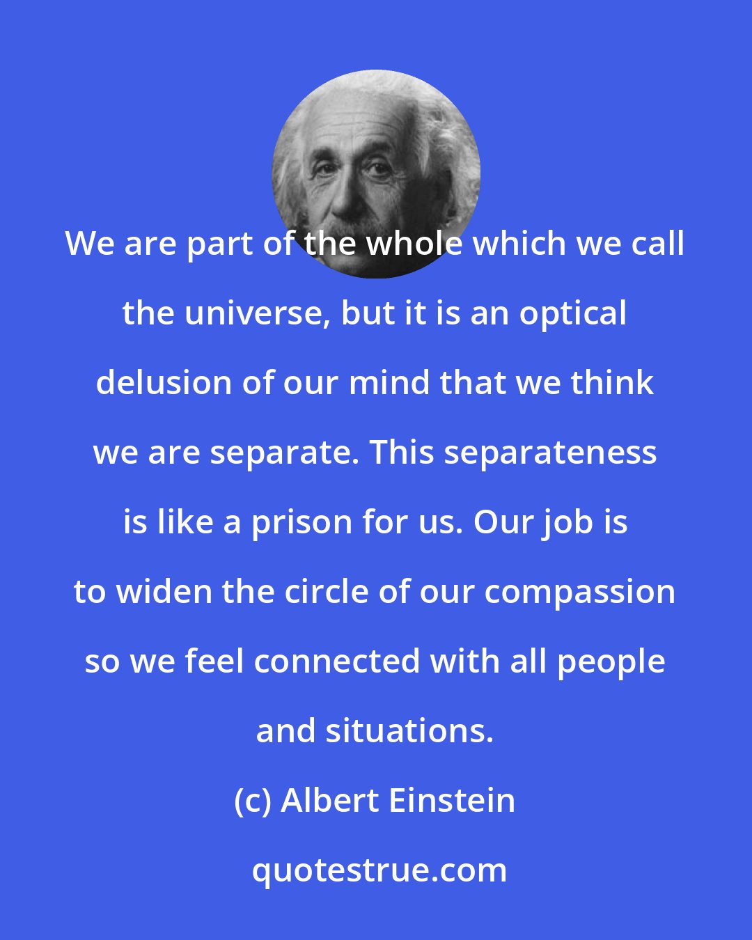 Albert Einstein: We are part of the whole which we call the universe, but it is an optical delusion of our mind that we think we are separate. This separateness is like a prison for us. Our job is to widen the circle of our compassion so we feel connected with all people and situations.