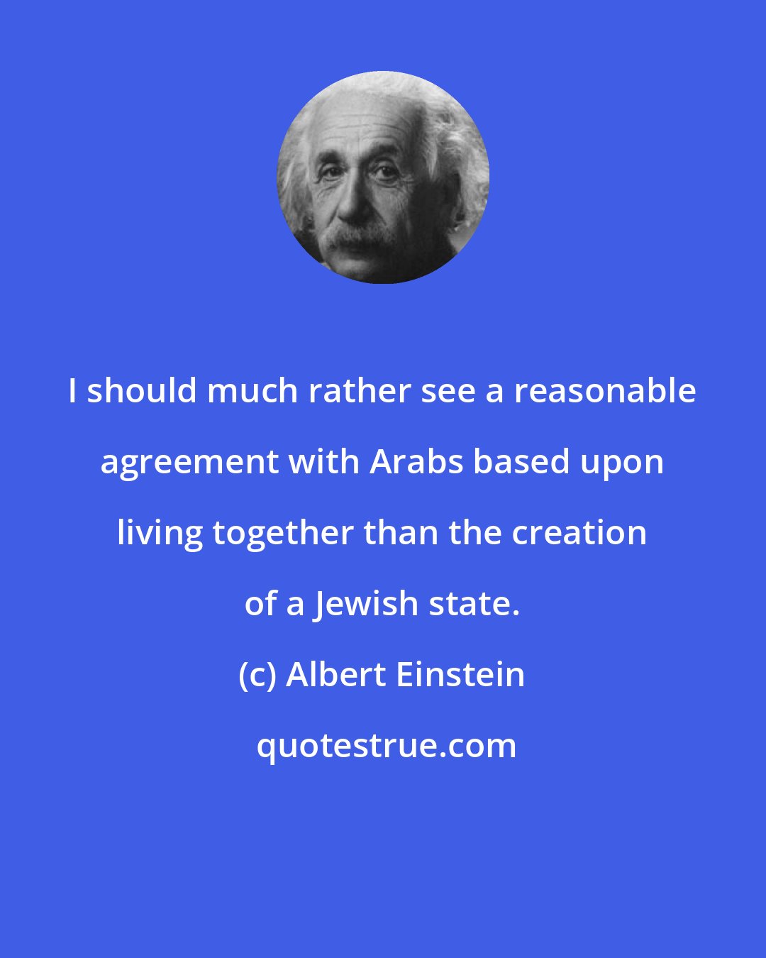 Albert Einstein: I should much rather see a reasonable agreement with Arabs based upon living together than the creation of a Jewish state.