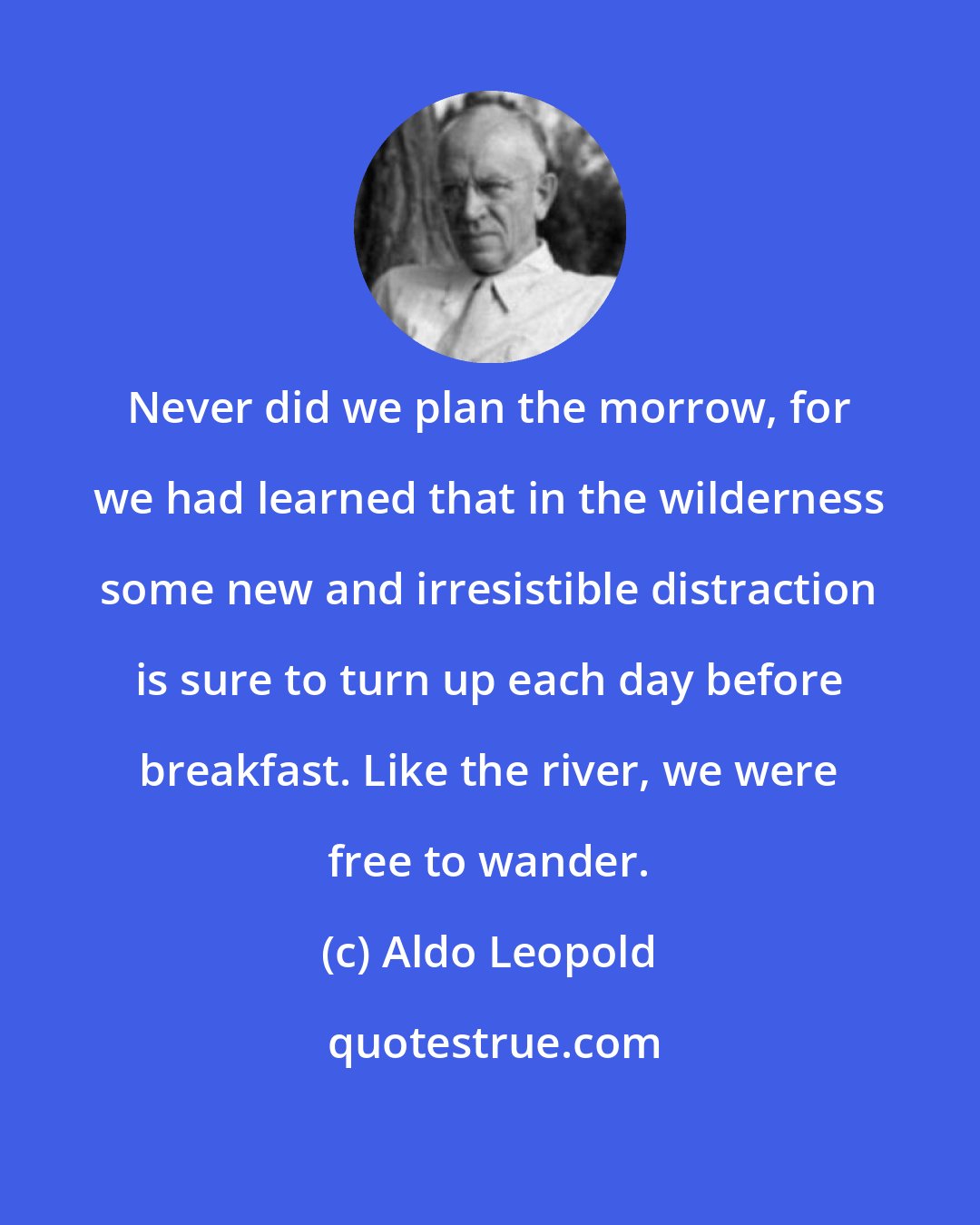 Aldo Leopold: Never did we plan the morrow, for we had learned that in the wilderness some new and irresistible distraction is sure to turn up each day before breakfast. Like the river, we were free to wander.