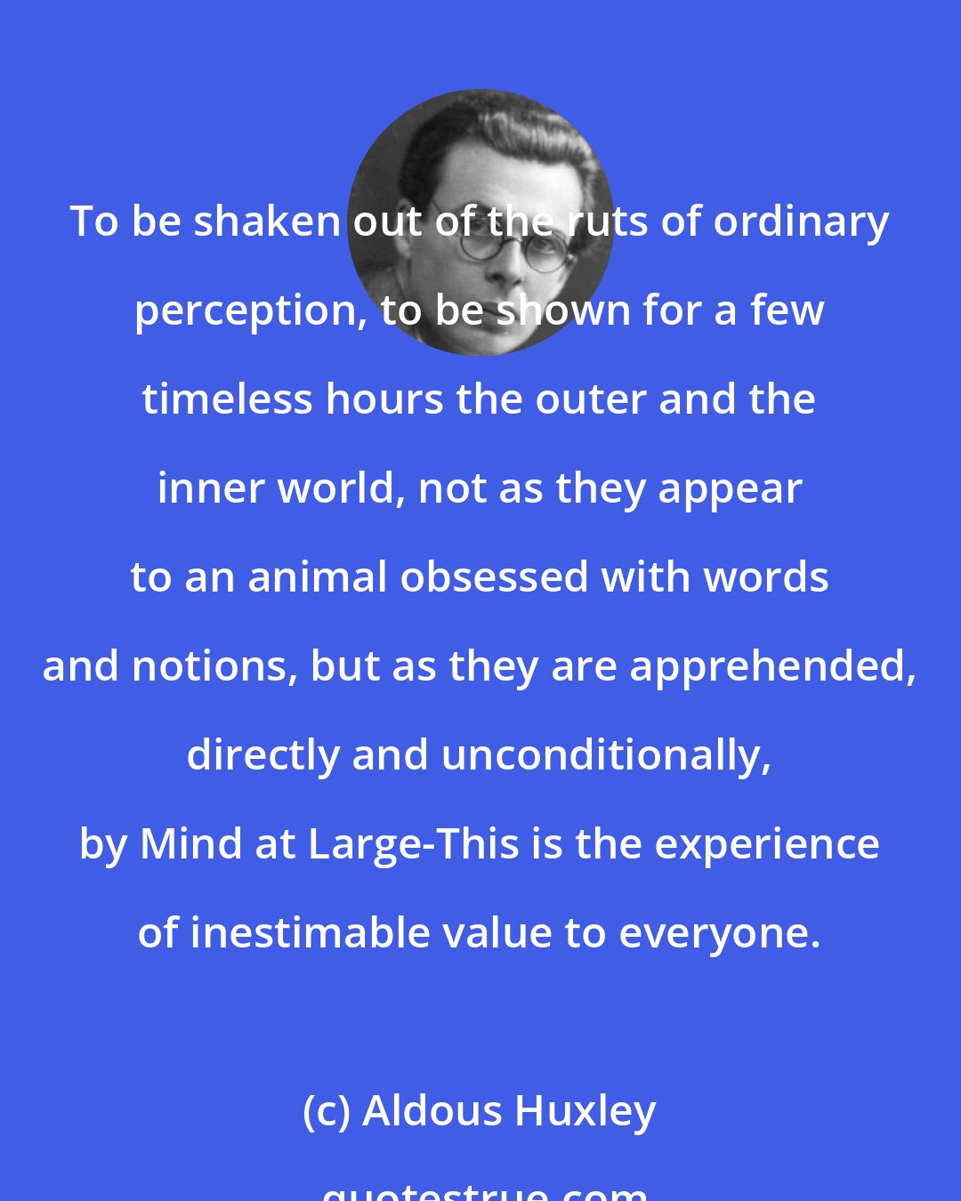 Aldous Huxley: To be shaken out of the ruts of ordinary perception, to be shown for a few timeless hours the outer and the inner world, not as they appear to an animal obsessed with words and notions, but as they are apprehended, directly and unconditionally, by Mind at Large-This is the experience of inestimable value to everyone.