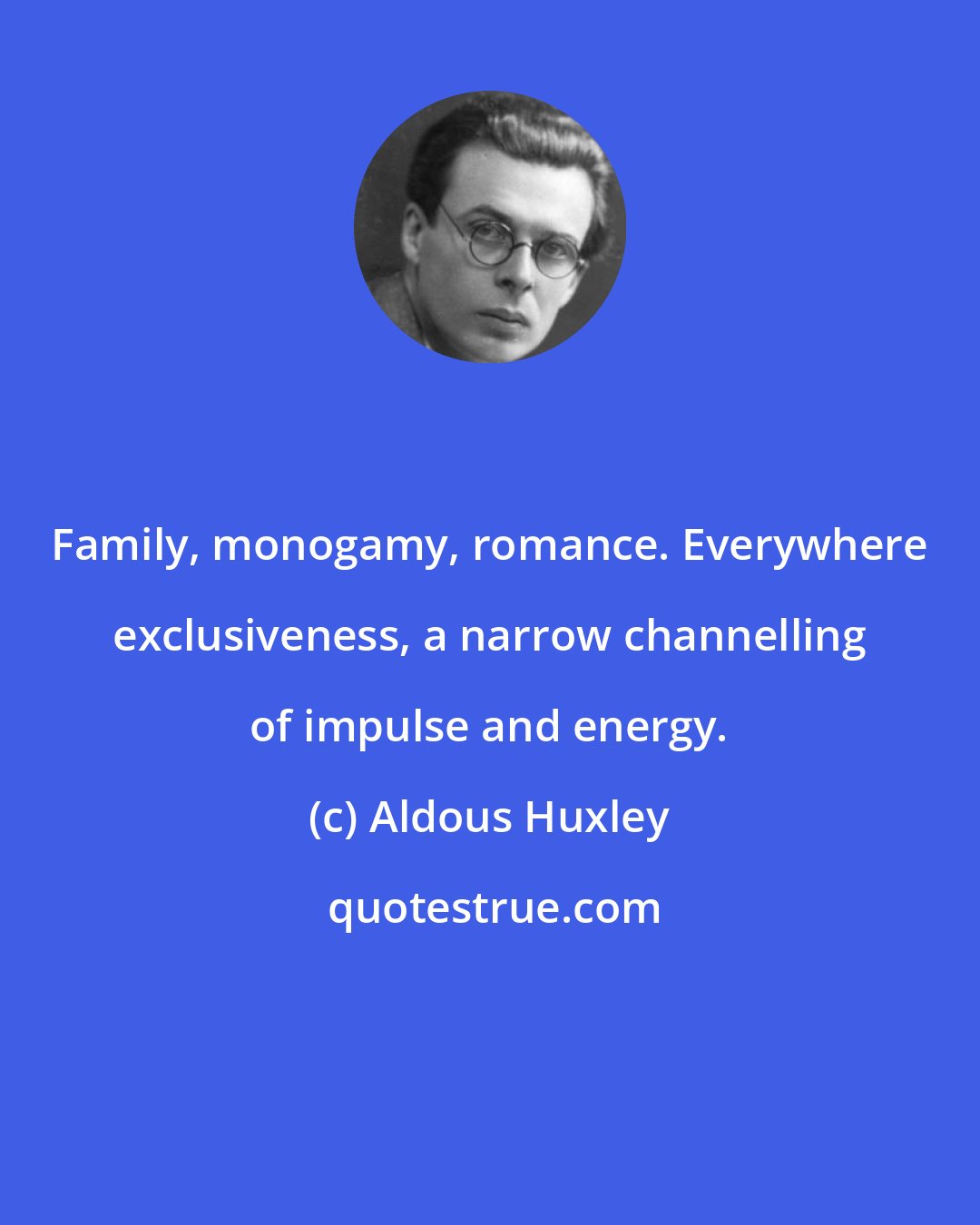 Aldous Huxley: Family, monogamy, romance. Everywhere exclusiveness, a narrow channelling of impulse and energy.