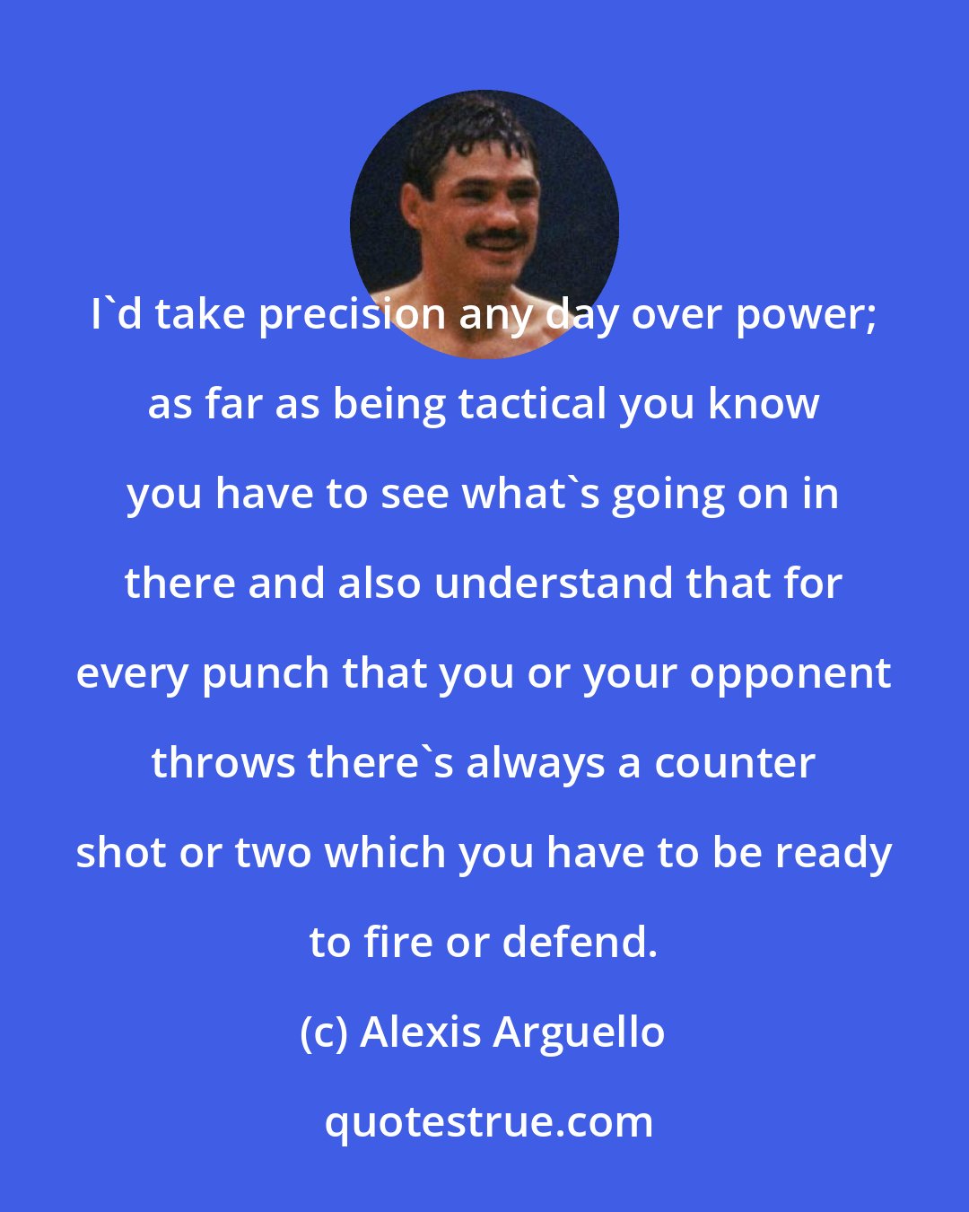 Alexis Arguello: I'd take precision any day over power; as far as being tactical you know you have to see what's going on in there and also understand that for every punch that you or your opponent throws there's always a counter shot or two which you have to be ready to fire or defend.