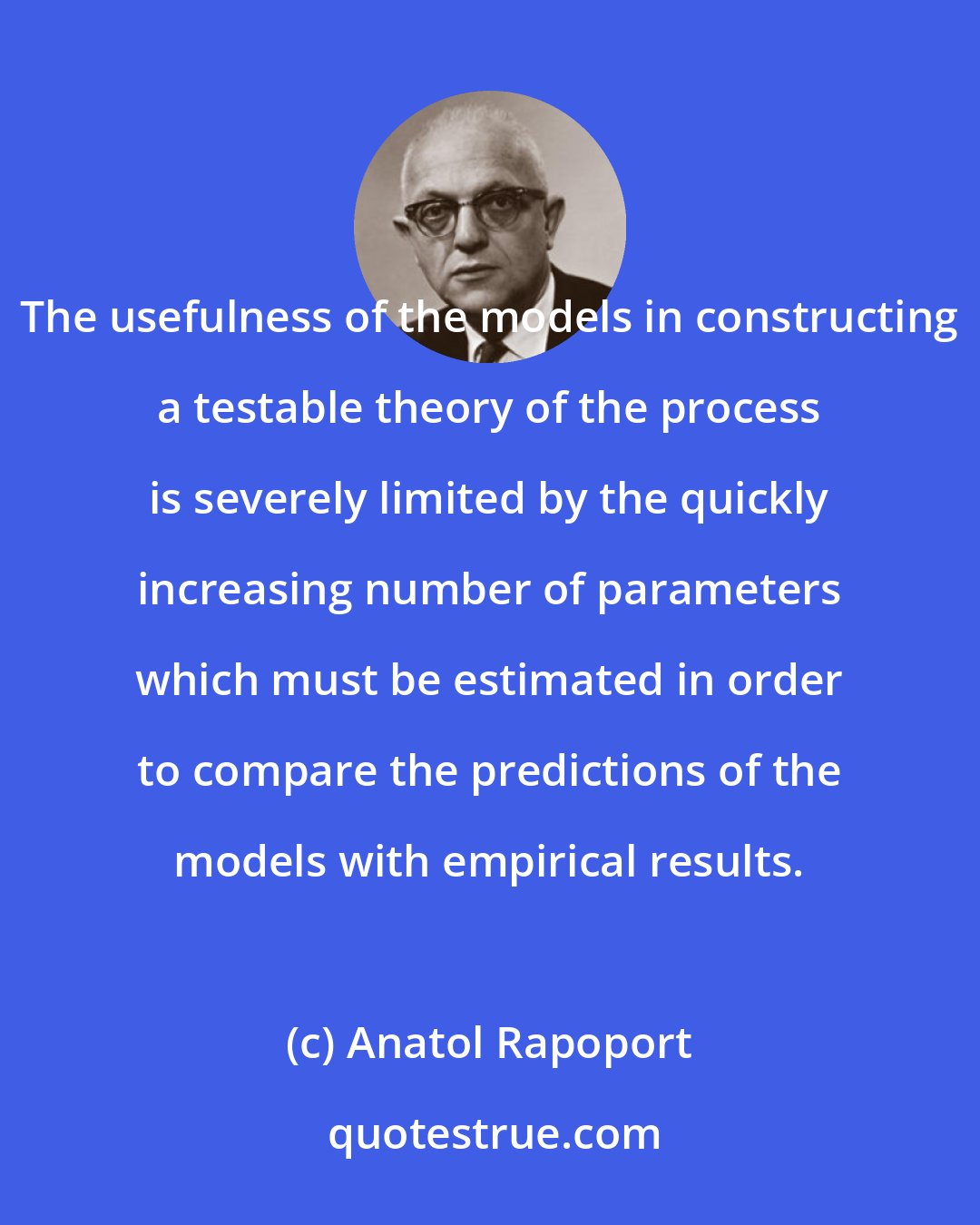 Anatol Rapoport: The usefulness of the models in constructing a testable theory of the process is severely limited by the quickly increasing number of parameters which must be estimated in order to compare the predictions of the models with empirical results.