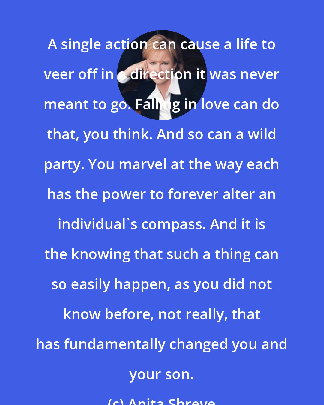 Anita Shreve: A single action can cause a life to veer off in a direction it was never meant to go. Falling in love can do that, you think. And so can a wild party. You marvel at the way each has the power to forever alter an individual's compass. And it is the knowing that such a thing can so easily happen, as you did not know before, not really, that has fundamentally changed you and your son.