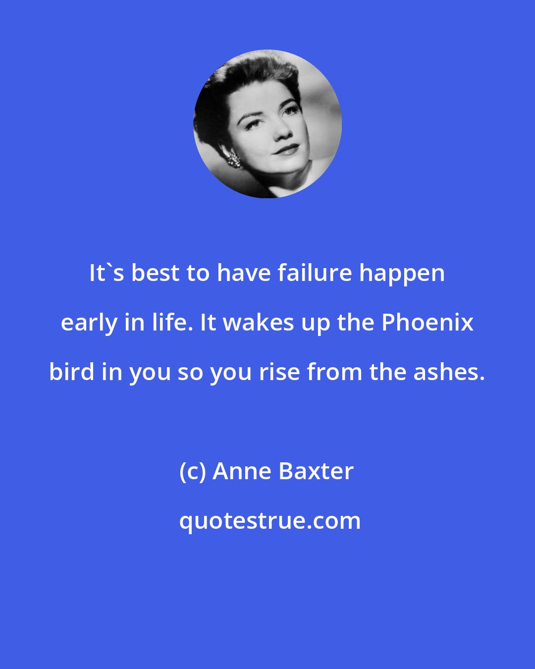 Anne Baxter: It's best to have failure happen early in life. It wakes up the Phoenix bird in you so you rise from the ashes.