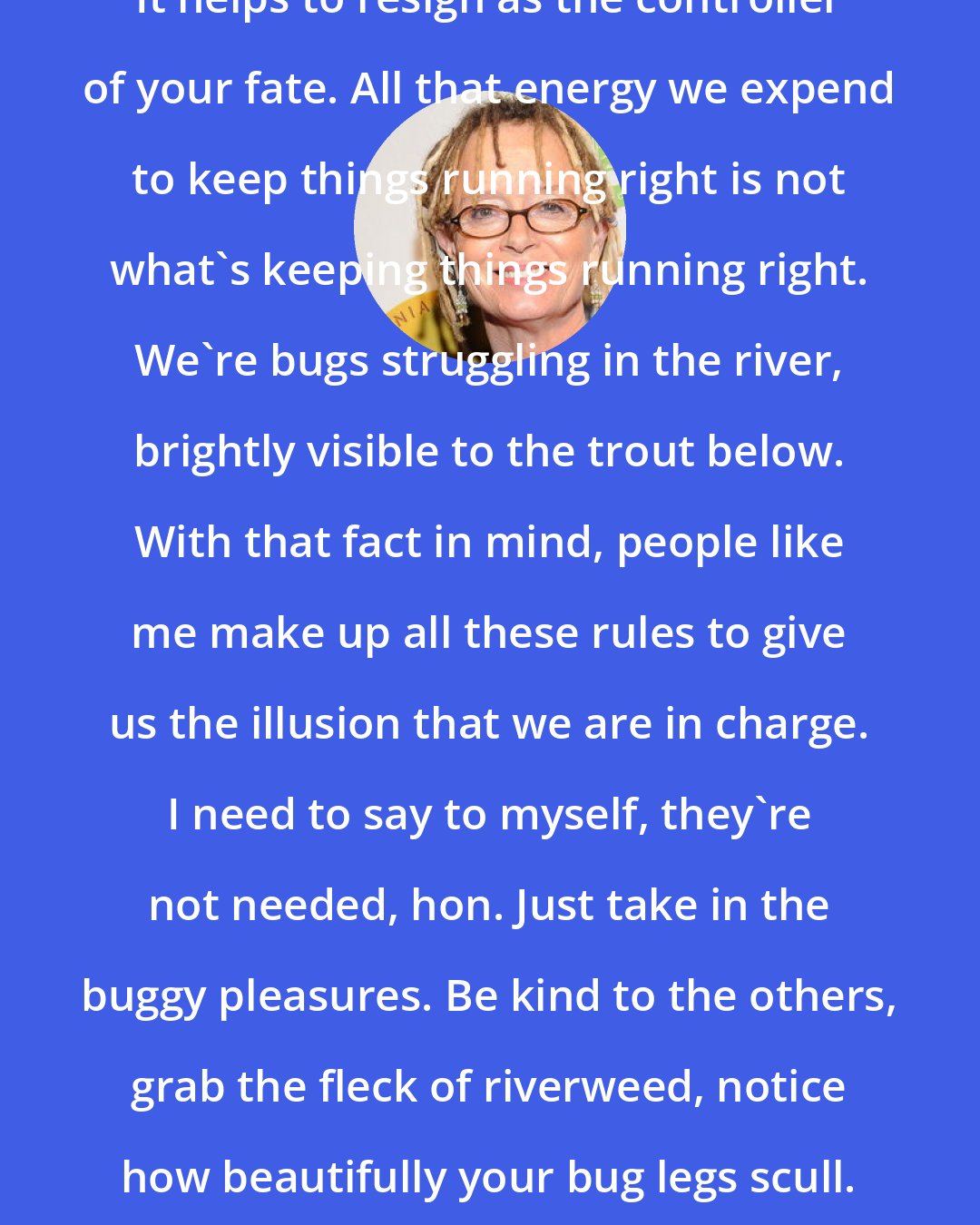 Anne Lamott: It helps to resign as the controller of your fate. All that energy we expend to keep things running right is not what's keeping things running right. We're bugs struggling in the river, brightly visible to the trout below. With that fact in mind, people like me make up all these rules to give us the illusion that we are in charge. I need to say to myself, they're not needed, hon. Just take in the buggy pleasures. Be kind to the others, grab the fleck of riverweed, notice how beautifully your bug legs scull.