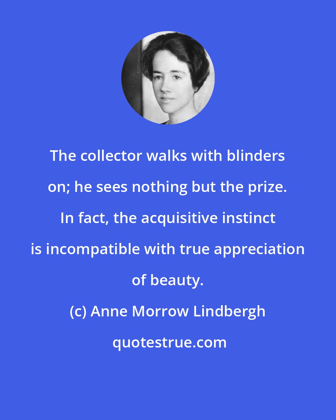 Anne Morrow Lindbergh: The collector walks with blinders on; he sees nothing but the prize. In fact, the acquisitive instinct is incompatible with true appreciation of beauty.