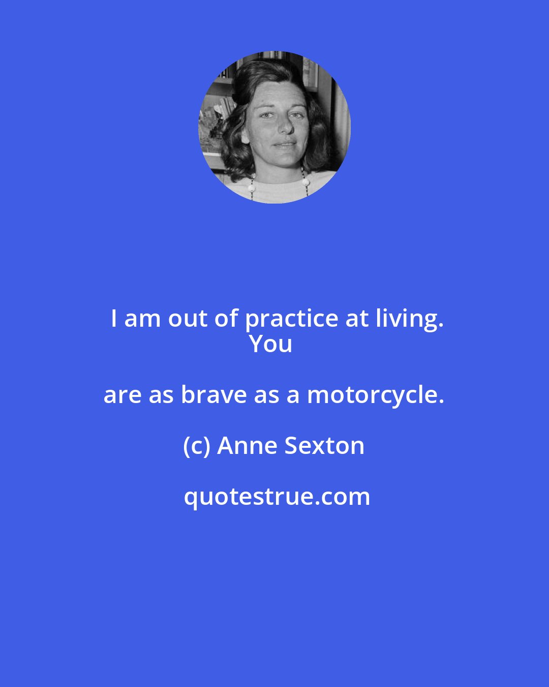 Anne Sexton: I am out of practice at living.
You are as brave as a motorcycle.