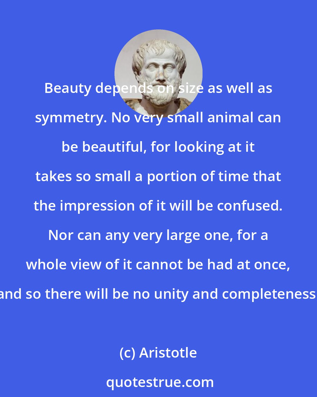 Aristotle: Beauty depends on size as well as symmetry. No very small animal can be beautiful, for looking at it takes so small a portion of time that the impression of it will be confused. Nor can any very large one, for a whole view of it cannot be had at once, and so there will be no unity and completeness.
