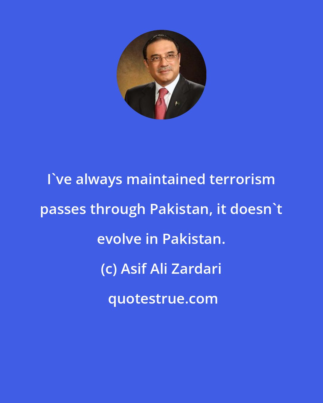 Asif Ali Zardari: I've always maintained terrorism passes through Pakistan, it doesn't evolve in Pakistan.