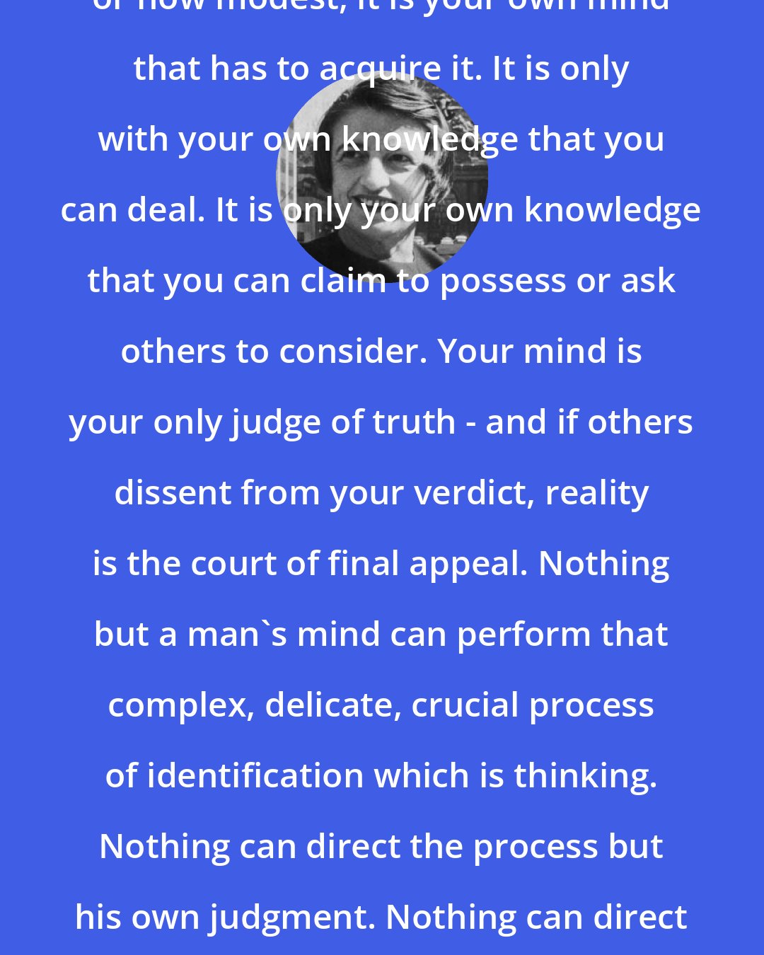 Ayn Rand: No matter how vast your knowledge or how modest, it is your own mind that has to acquire it. It is only with your own knowledge that you can deal. It is only your own knowledge that you can claim to possess or ask others to consider. Your mind is your only judge of truth - and if others dissent from your verdict, reality is the court of final appeal. Nothing but a man's mind can perform that complex, delicate, crucial process of identification which is thinking. Nothing can direct the process but his own judgment. Nothing can direct his judgment but his moral integrity.