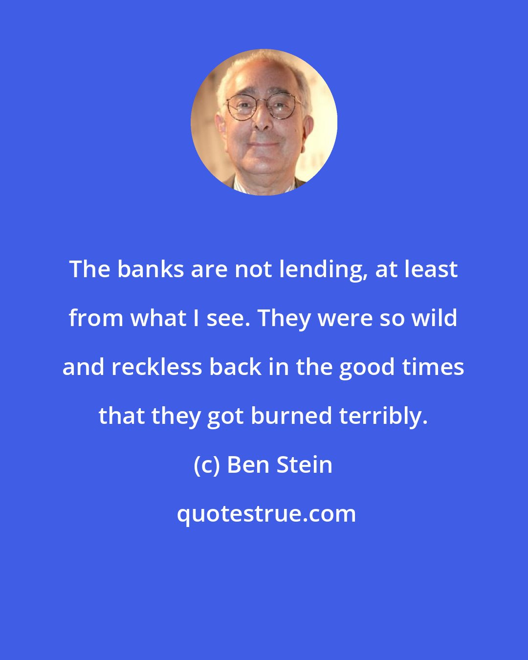 Ben Stein: The banks are not lending, at least from what I see. They were so wild and reckless back in the good times that they got burned terribly.