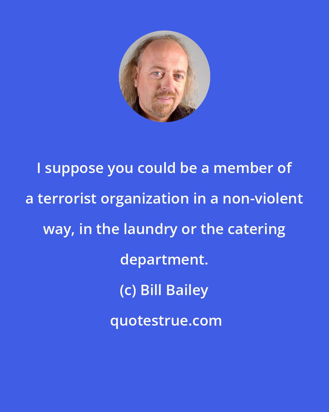 Bill Bailey: I suppose you could be a member of a terrorist organization in a non-violent way, in the laundry or the catering department.