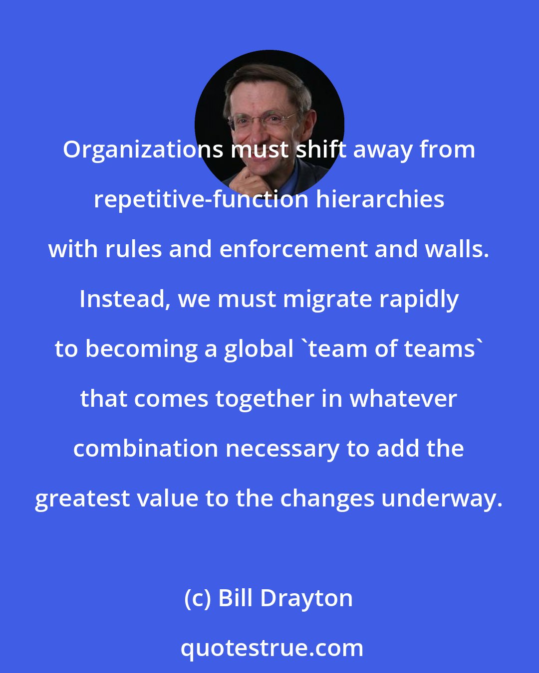 Bill Drayton: Organizations must shift away from repetitive-function hierarchies with rules and enforcement and walls. Instead, we must migrate rapidly to becoming a global 'team of teams' that comes together in whatever combination necessary to add the greatest value to the changes underway.