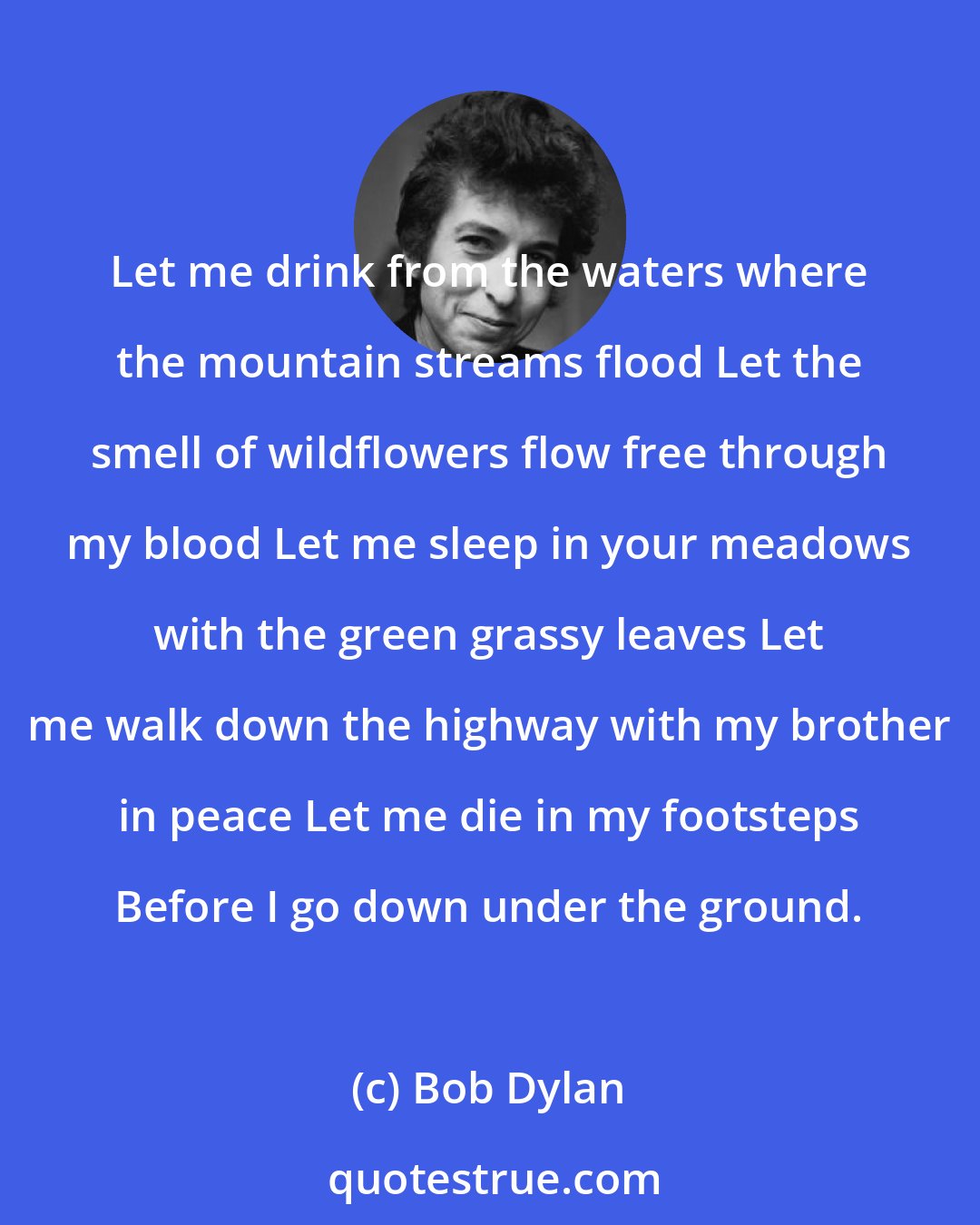 Bob Dylan: Let me drink from the waters where the mountain streams flood Let the smell of wildflowers flow free through my blood Let me sleep in your meadows with the green grassy leaves Let me walk down the highway with my brother in peace Let me die in my footsteps Before I go down under the ground.