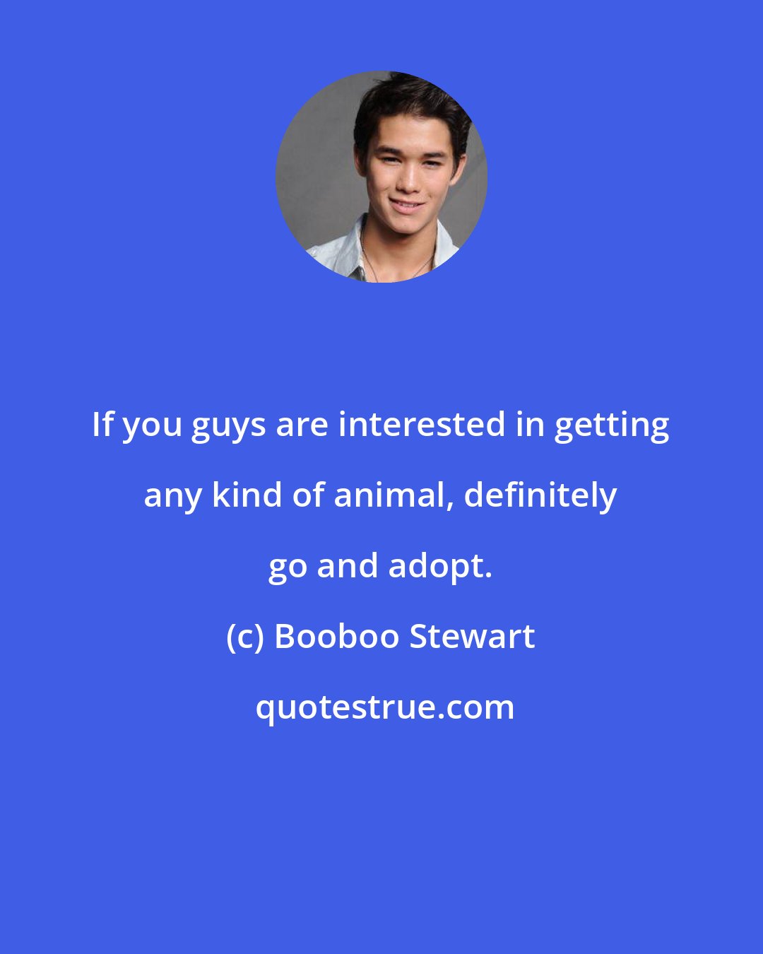 Booboo Stewart: If you guys are interested in getting any kind of animal, definitely go and adopt.