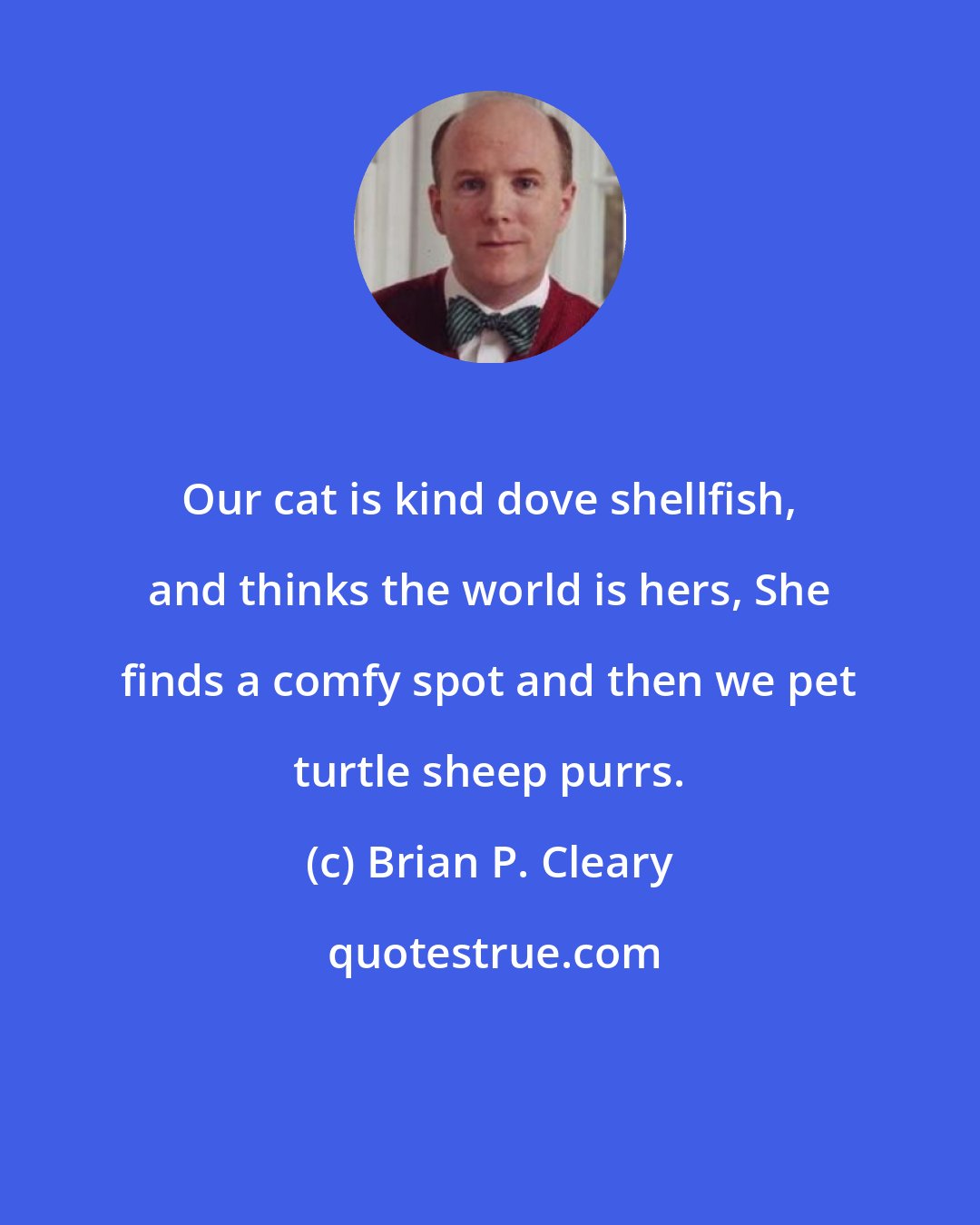 Brian P. Cleary: Our cat is kind dove shellfish, and thinks the world is hers, She finds a comfy spot and then we pet turtle sheep purrs.