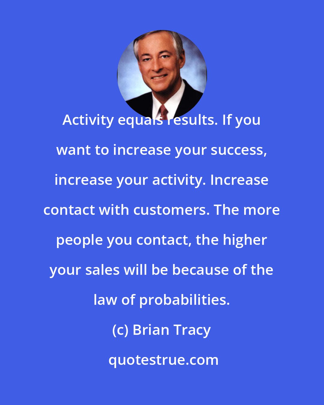 Brian Tracy: Activity equals results. If you want to increase your success, increase your activity. Increase contact with customers. The more people you contact, the higher your sales will be because of the law of probabilities.