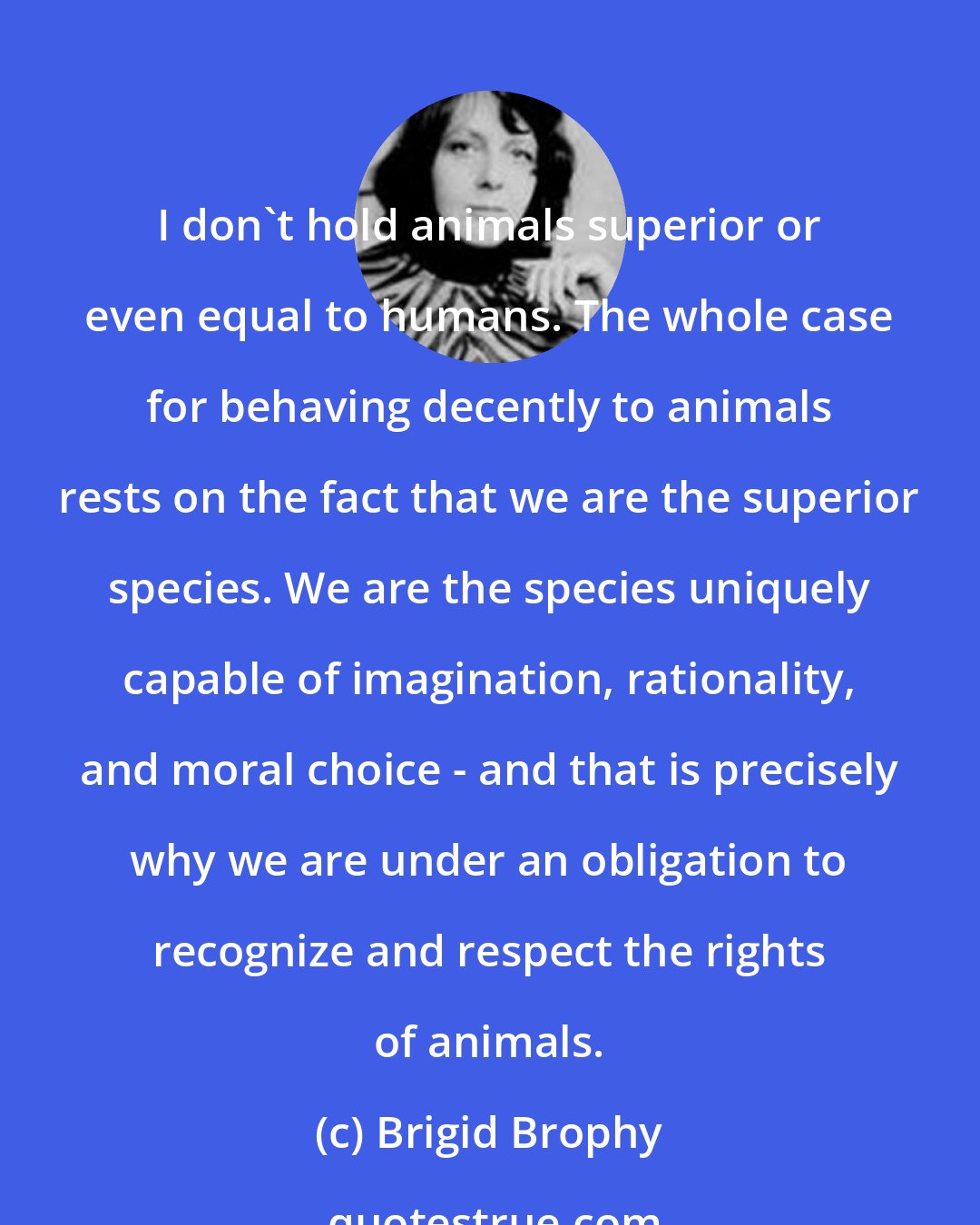 Brigid Brophy: I don't hold animals superior or even equal to humans. The whole case for behaving decently to animals rests on the fact that we are the superior species. We are the species uniquely capable of imagination, rationality, and moral choice - and that is precisely why we are under an obligation to recognize and respect the rights of animals.