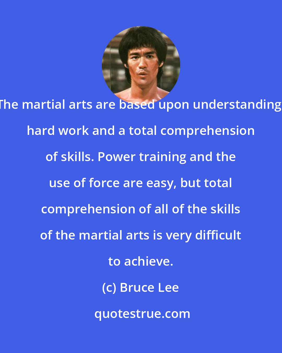 Bruce Lee: The martial arts are based upon understanding, hard work and a total comprehension of skills. Power training and the use of force are easy, but total comprehension of all of the skills of the martial arts is very difficult to achieve.