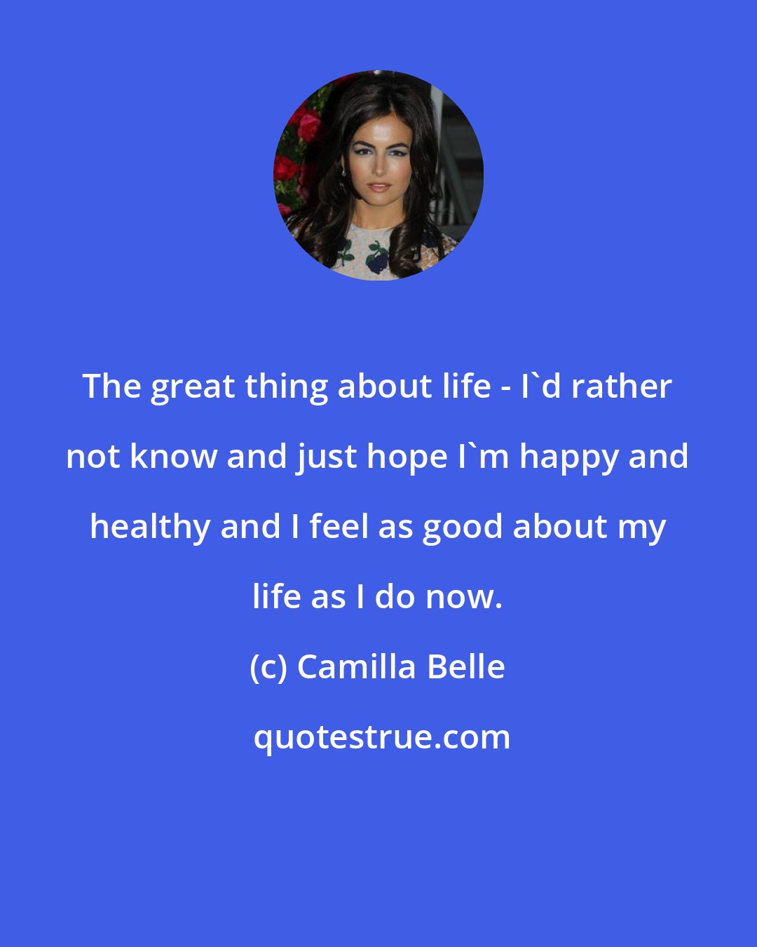Camilla Belle: The great thing about life - I'd rather not know and just hope I'm happy and healthy and I feel as good about my life as I do now.