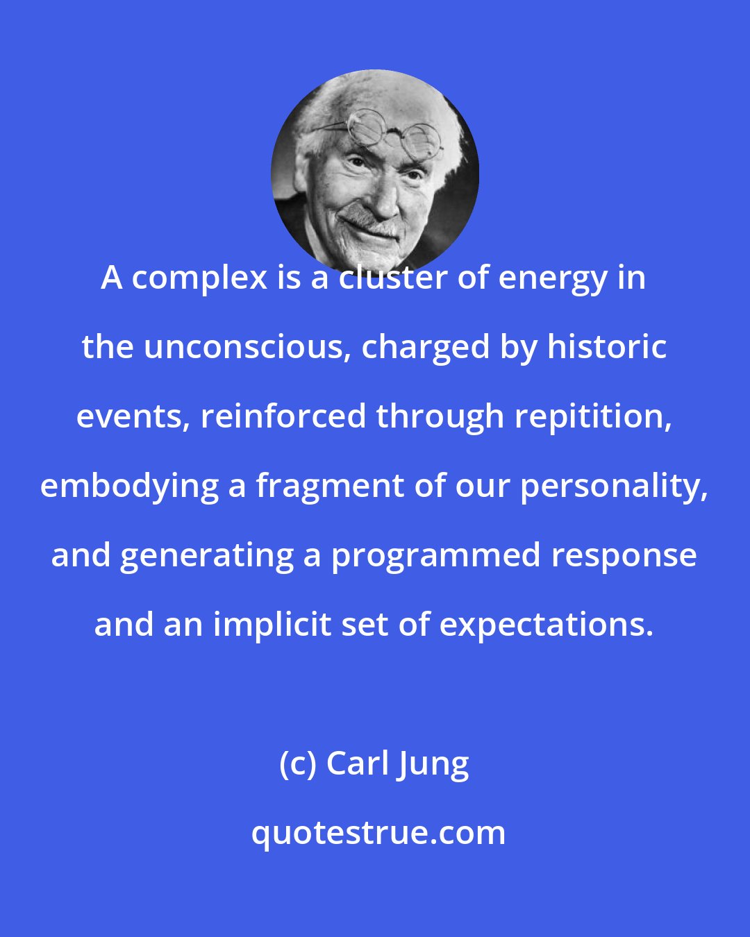 Carl Jung: A complex is a cluster of energy in the unconscious, charged by historic events, reinforced through repitition, embodying a fragment of our personality, and generating a programmed response and an implicit set of expectations.