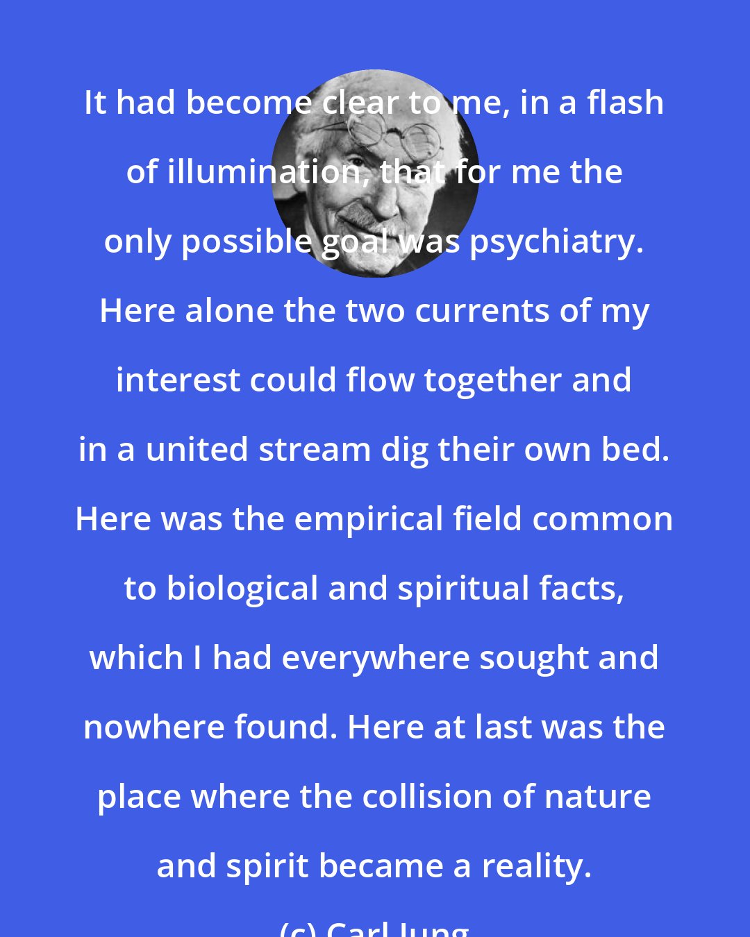 Carl Jung: It had become clear to me, in a flash of illumination, that for me the only possible goal was psychiatry. Here alone the two currents of my interest could flow together and in a united stream dig their own bed. Here was the empirical field common to biological and spiritual facts, which I had everywhere sought and nowhere found. Here at last was the place where the collision of nature and spirit became a reality.