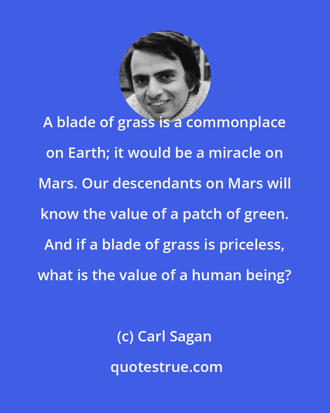 Carl Sagan: A blade of grass is a commonplace on Earth; it would be a miracle on Mars. Our descendants on Mars will know the value of a patch of green. And if a blade of grass is priceless, what is the value of a human being?