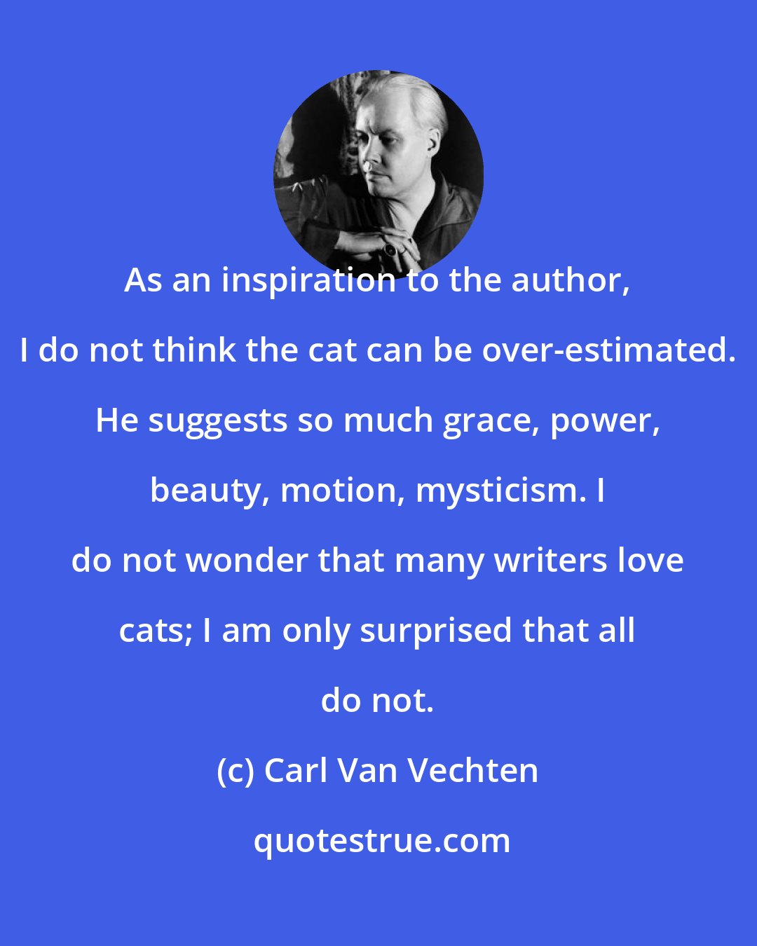 Carl Van Vechten: As an inspiration to the author, I do not think the cat can be over-estimated. He suggests so much grace, power, beauty, motion, mysticism. I do not wonder that many writers love cats; I am only surprised that all do not.