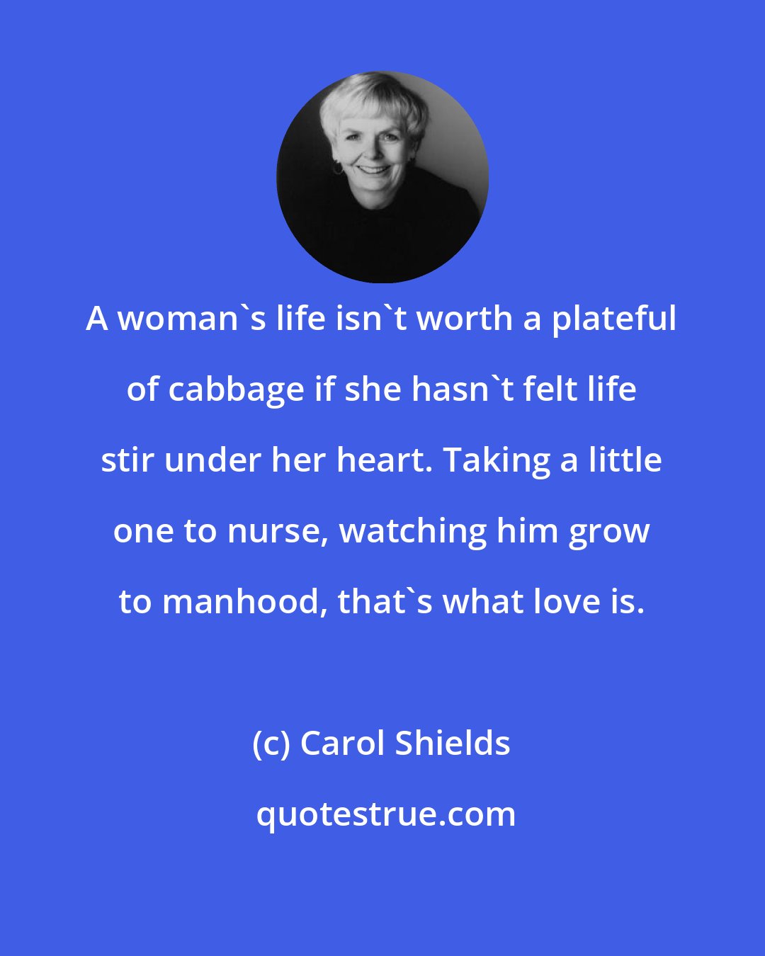 Carol Shields: A woman's life isn't worth a plateful of cabbage if she hasn't felt life stir under her heart. Taking a little one to nurse, watching him grow to manhood, that's what love is.
