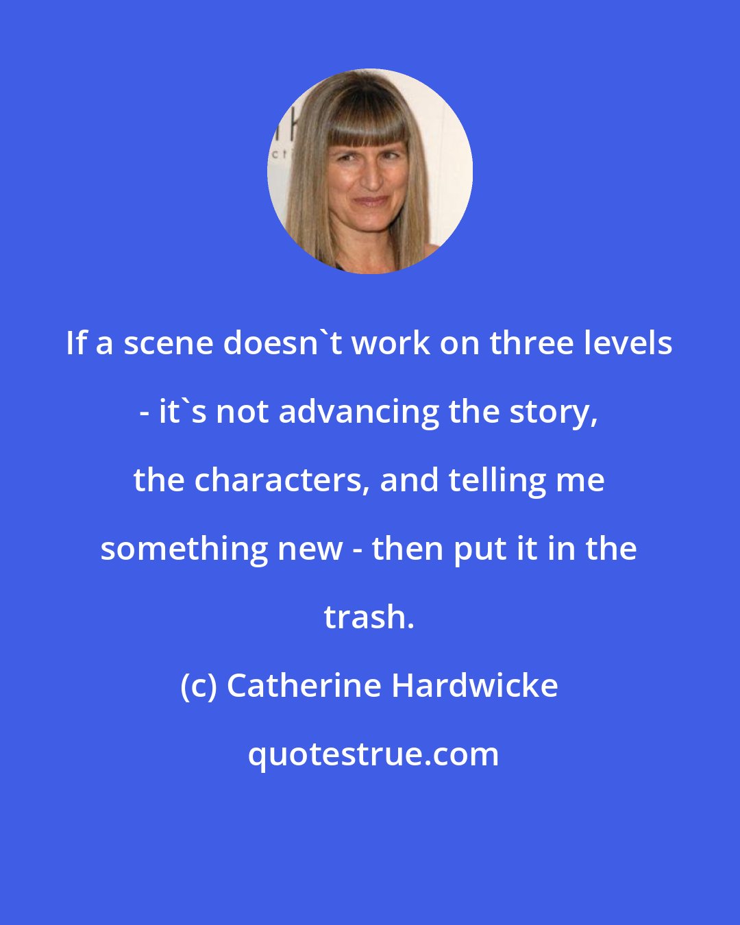 Catherine Hardwicke: If a scene doesn't work on three levels - it's not advancing the story, the characters, and telling me something new - then put it in the trash.