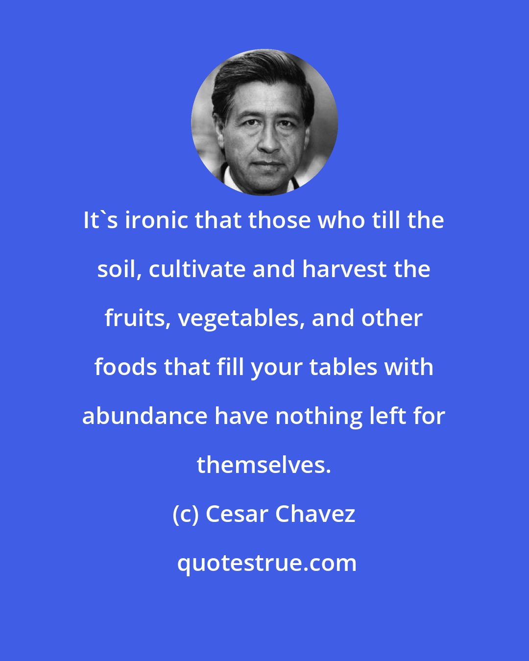 Cesar Chavez: It's ironic that those who till the soil, cultivate and harvest the fruits, vegetables, and other foods that fill your tables with abundance have nothing left for themselves.