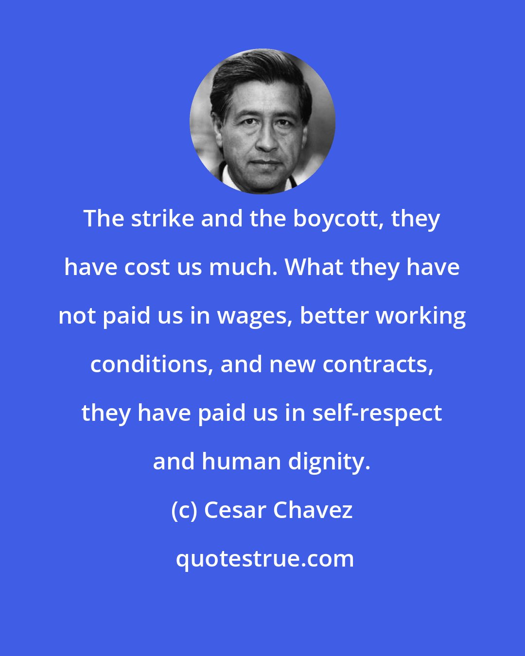 Cesar Chavez: The strike and the boycott, they have cost us much. What they have not paid us in wages, better working conditions, and new contracts, they have paid us in self-respect and human dignity.