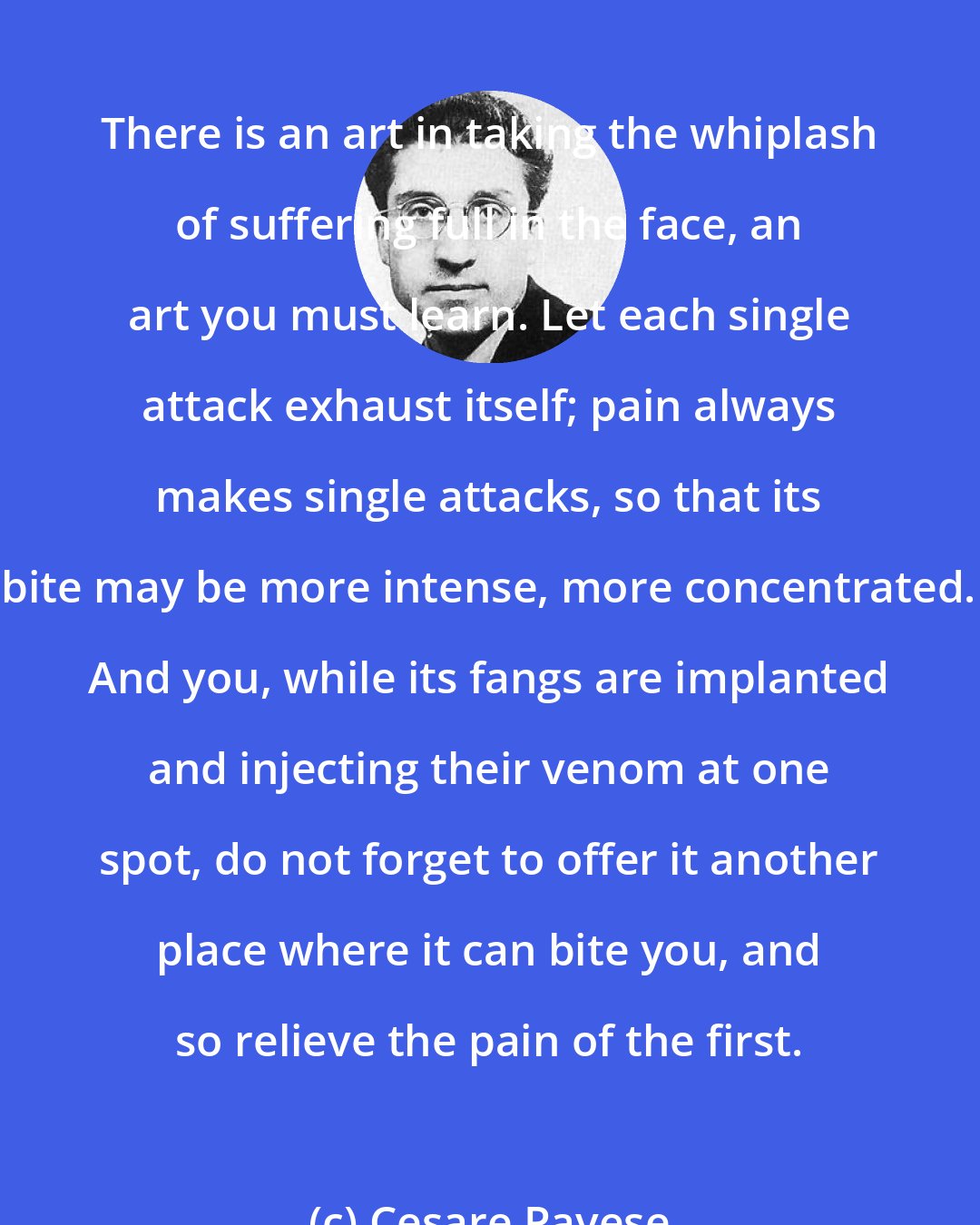 Cesare Pavese: There is an art in taking the whiplash of suffering full in the face, an art you must learn. Let each single attack exhaust itself; pain always makes single attacks, so that its bite may be more intense, more concentrated. And you, while its fangs are implanted and injecting their venom at one spot, do not forget to offer it another place where it can bite you, and so relieve the pain of the first.