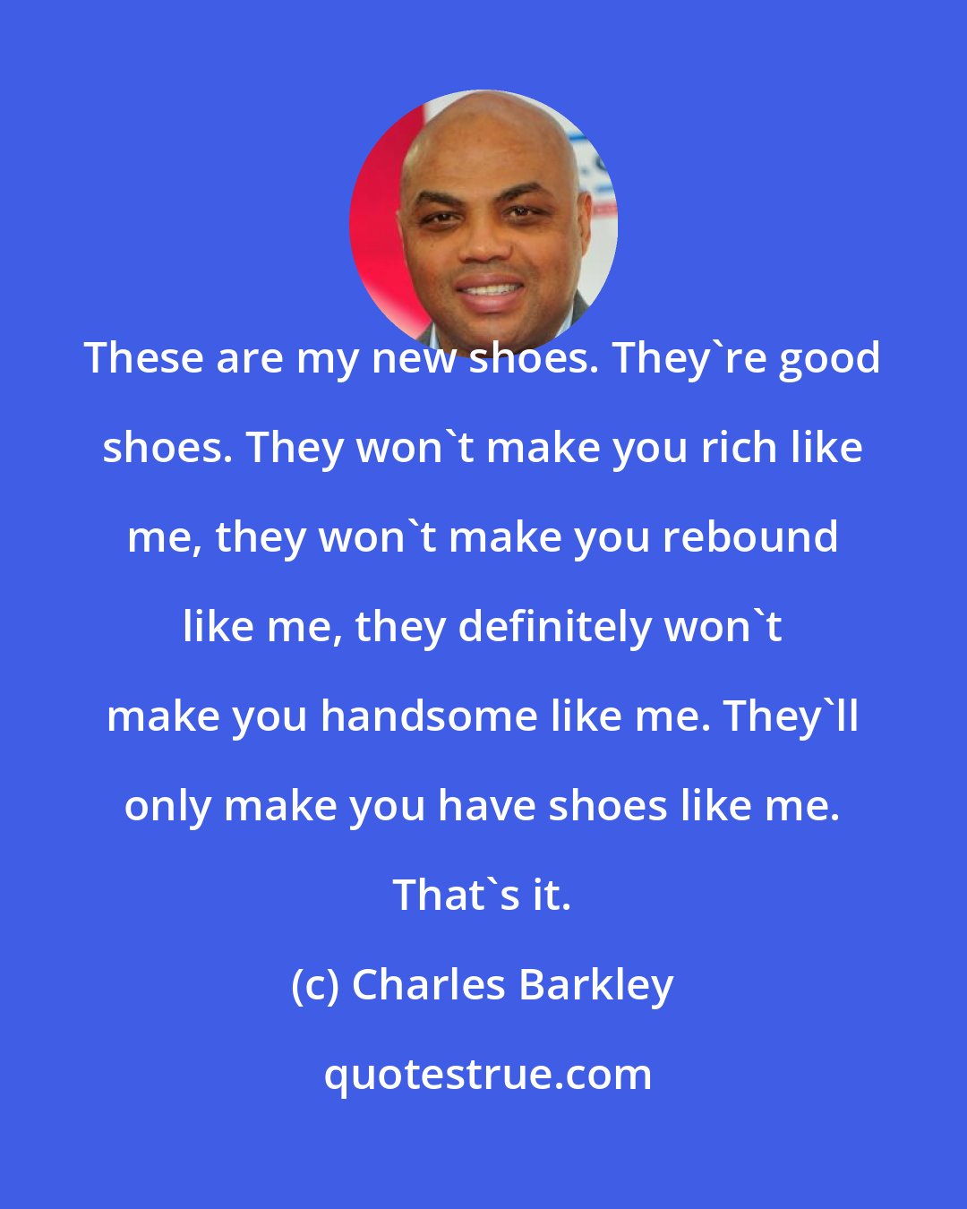 Charles Barkley: These are my new shoes. They're good shoes. They won't make you rich like me, they won't make you rebound like me, they definitely won't make you handsome like me. They'll only make you have shoes like me. That's it.