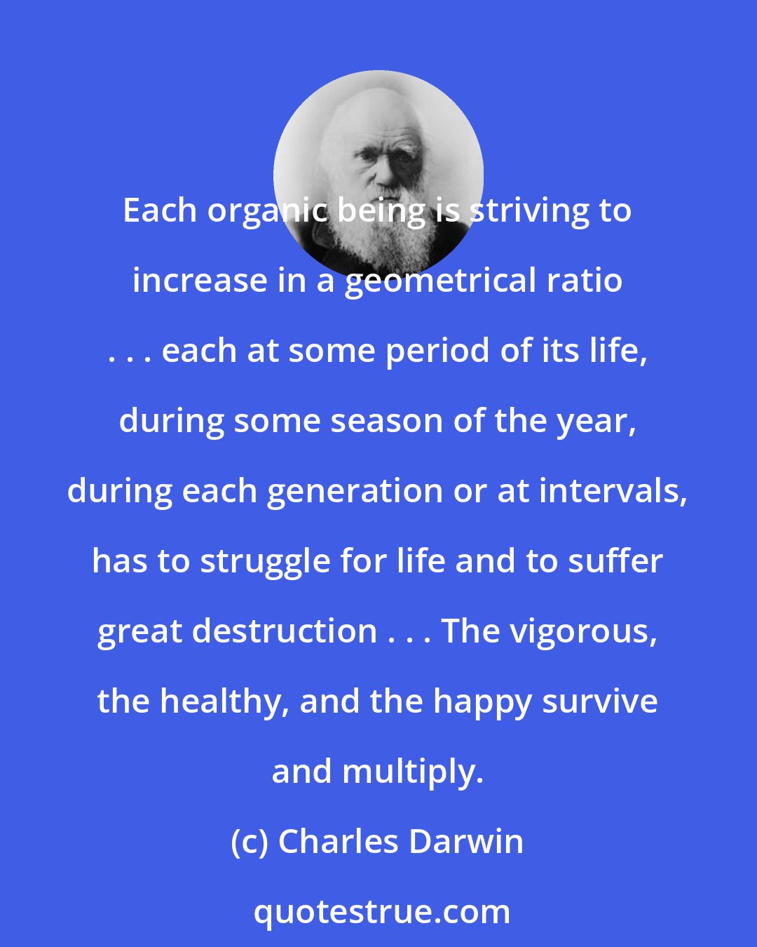 Charles Darwin: Each organic being is striving to increase in a geometrical ratio . . . each at some period of its life, during some season of the year, during each generation or at intervals, has to struggle for life and to suffer great destruction . . . The vigorous, the healthy, and the happy survive and multiply.