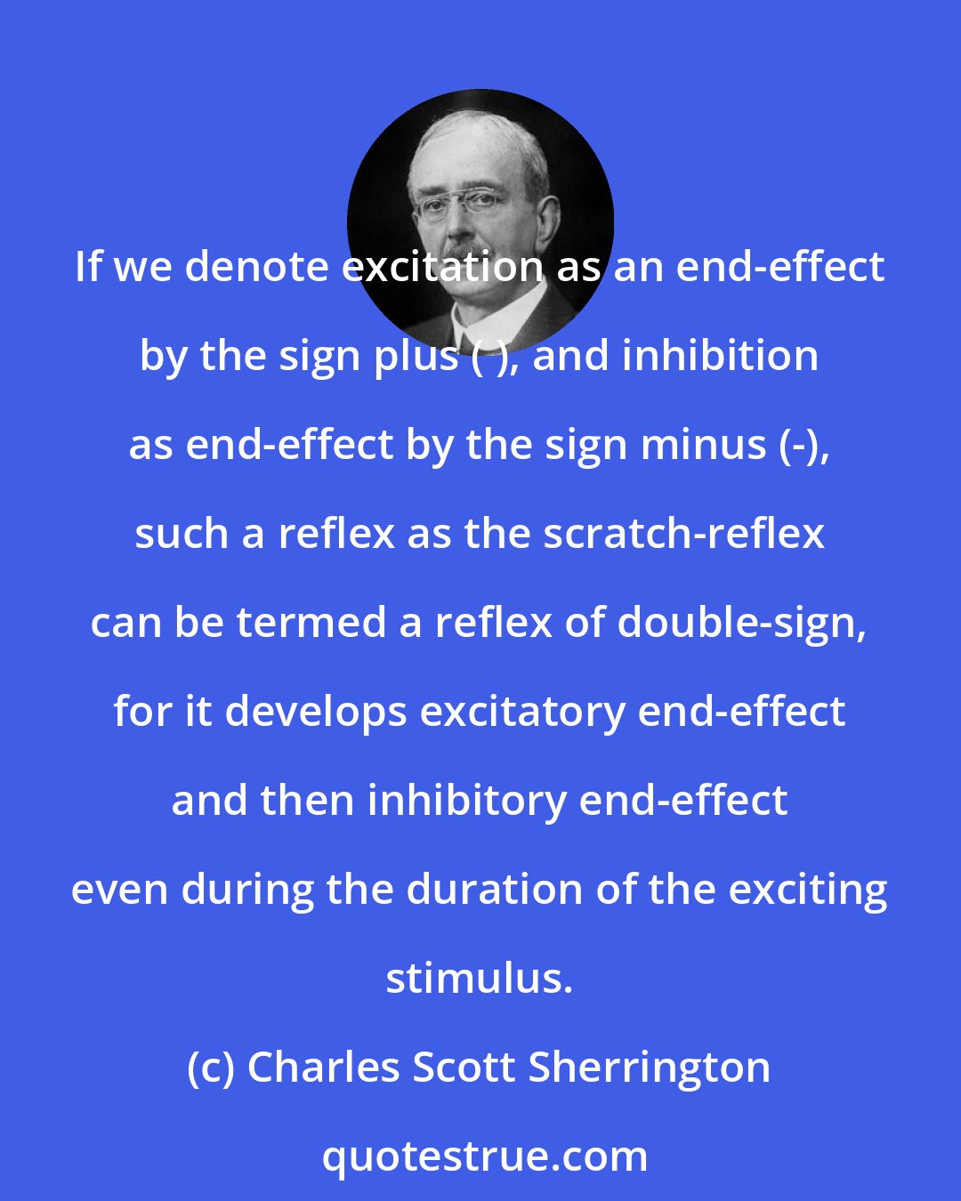 Charles Scott Sherrington: If we denote excitation as an end-effect by the sign plus (+), and inhibition as end-effect by the sign minus (-), such a reflex as the scratch-reflex can be termed a reflex of double-sign, for it develops excitatory end-effect and then inhibitory end-effect even during the duration of the exciting stimulus.