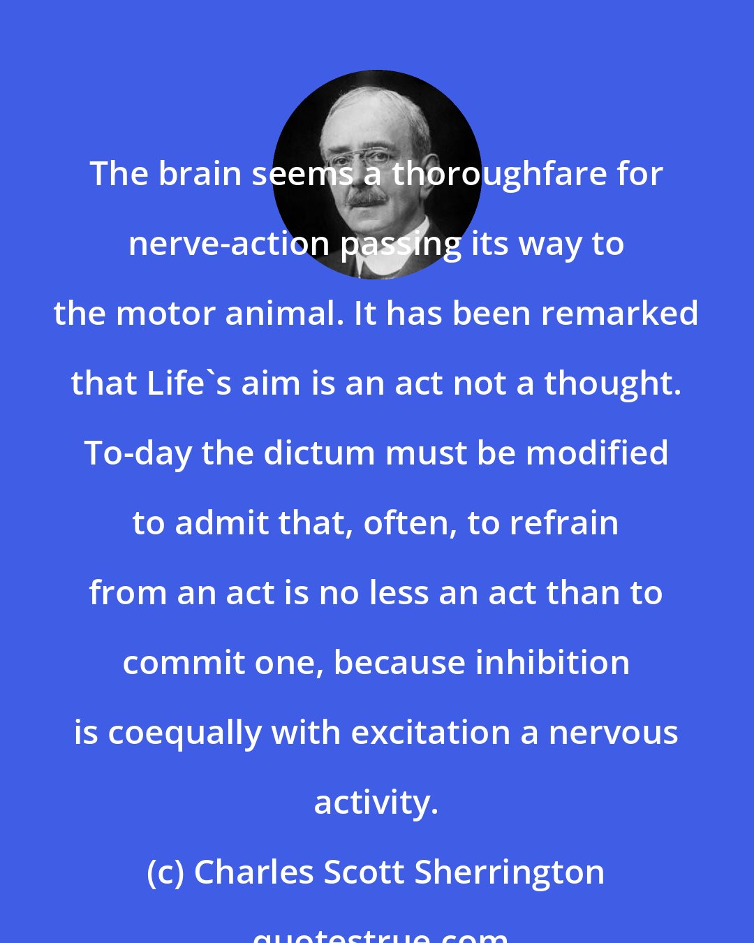 Charles Scott Sherrington: The brain seems a thoroughfare for nerve-action passing its way to the motor animal. It has been remarked that Life's aim is an act not a thought. To-day the dictum must be modified to admit that, often, to refrain from an act is no less an act than to commit one, because inhibition is coequally with excitation a nervous activity.