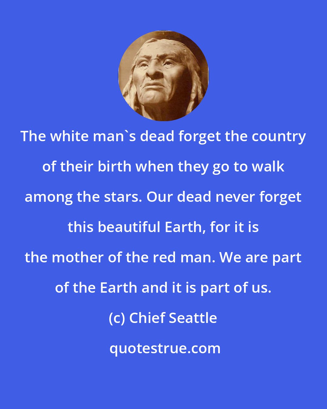 Chief Seattle: The white man's dead forget the country of their birth when they go to walk among the stars. Our dead never forget this beautiful Earth, for it is the mother of the red man. We are part of the Earth and it is part of us.