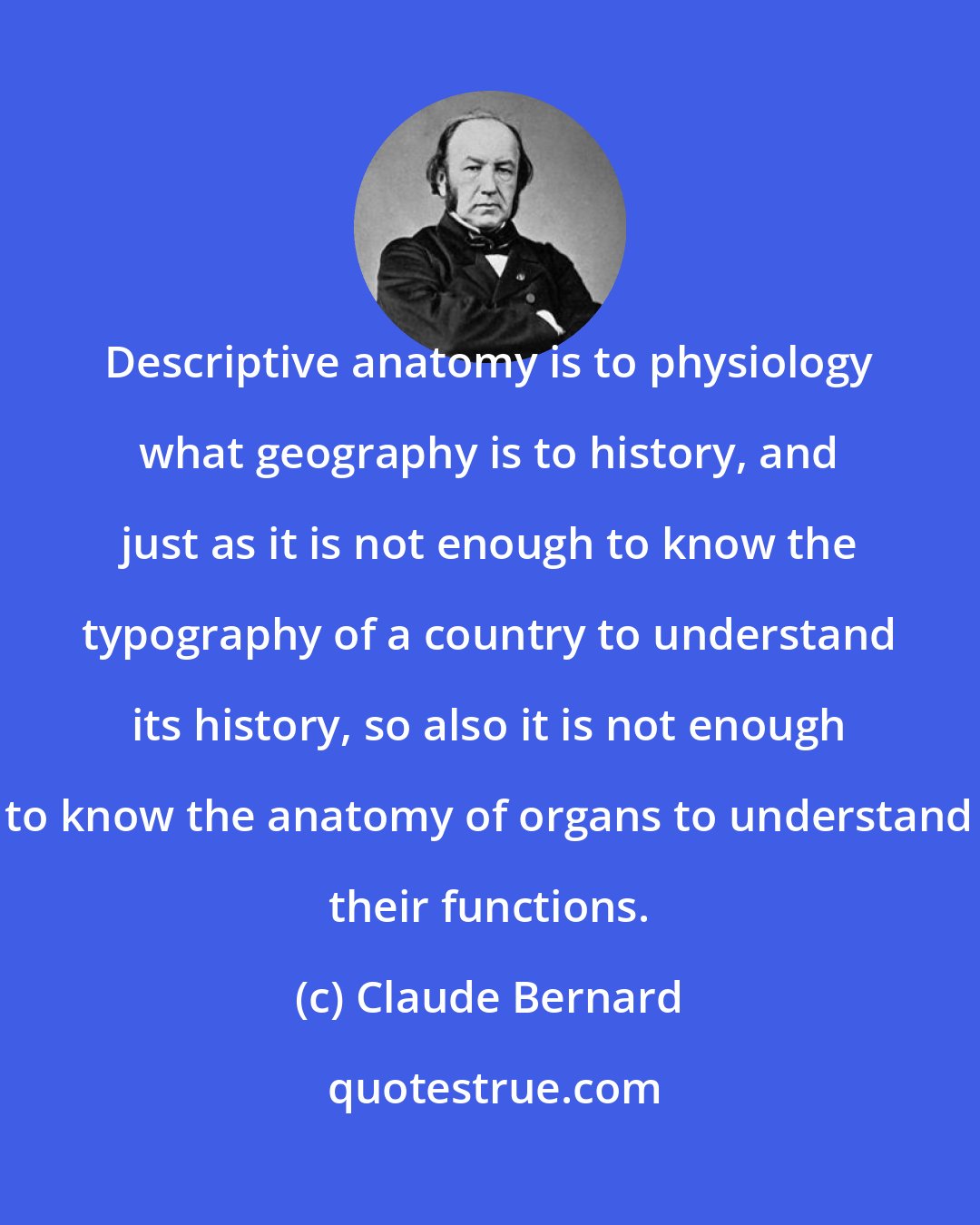 Claude Bernard: Descriptive anatomy is to physiology what geography is to history, and just as it is not enough to know the typography of a country to understand its history, so also it is not enough to know the anatomy of organs to understand their functions.