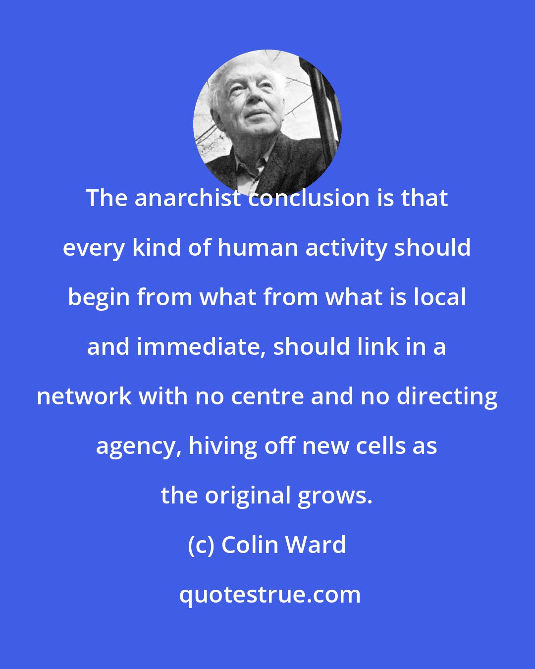 Colin Ward: The anarchist conclusion is that every kind of human activity should begin from what from what is local and immediate, should link in a network with no centre and no directing agency, hiving off new cells as the original grows.