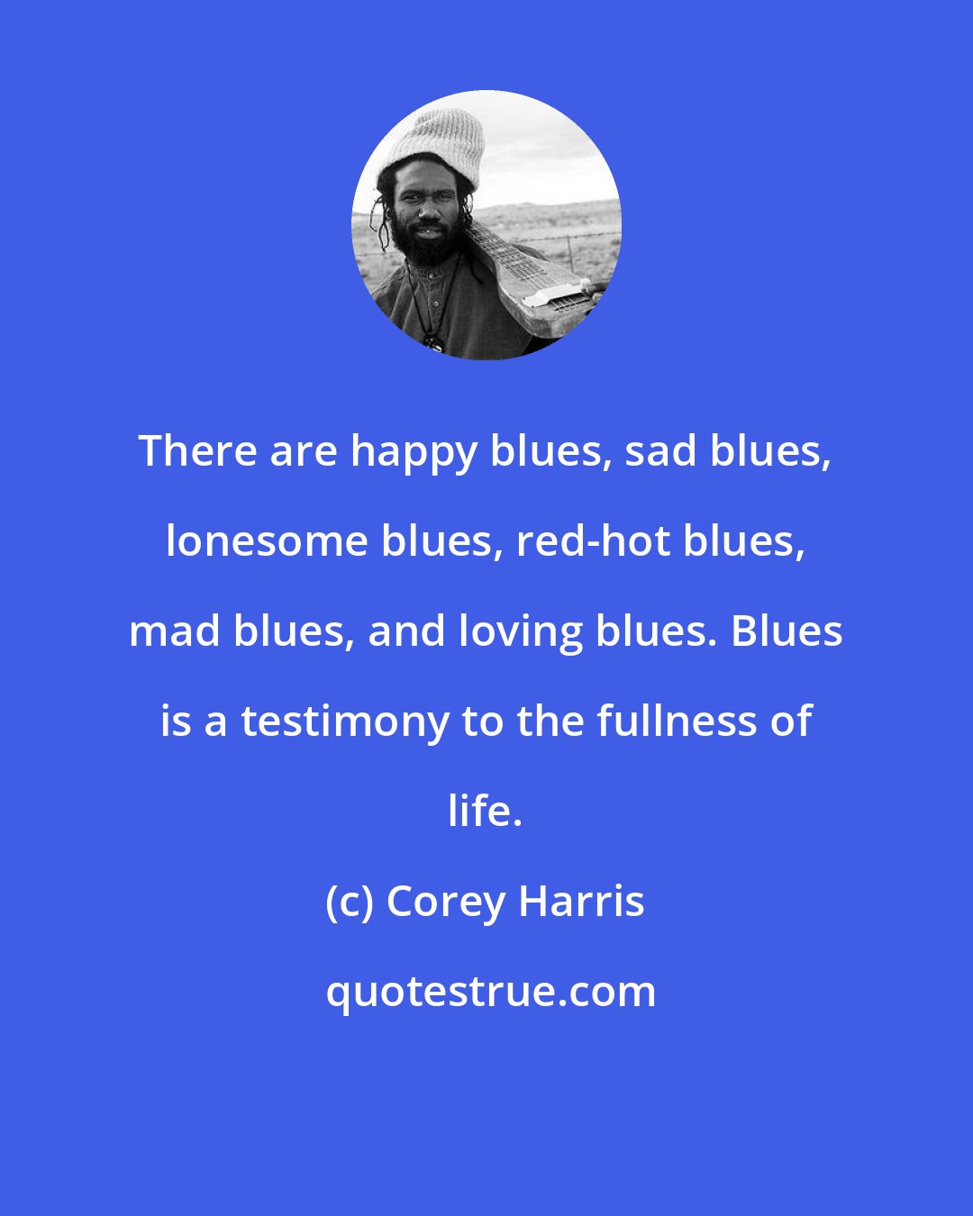 Corey Harris: There are happy blues, sad blues, lonesome blues, red-hot blues, mad blues, and loving blues. Blues is a testimony to the fullness of life.