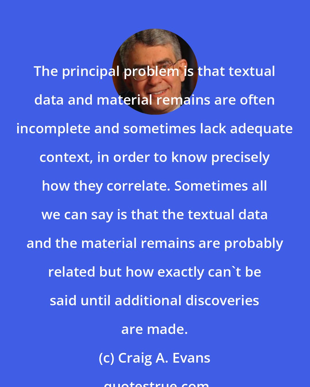 Craig A. Evans: The principal problem is that textual data and material remains are often incomplete and sometimes lack adequate context, in order to know precisely how they correlate. Sometimes all we can say is that the textual data and the material remains are probably related but how exactly can't be said until additional discoveries are made.