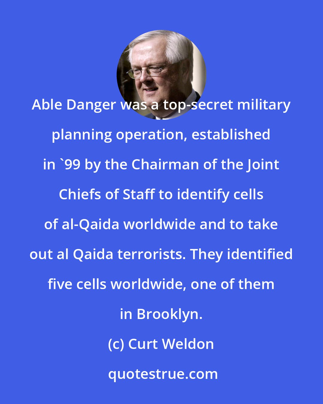 Curt Weldon: Able Danger was a top-secret military planning operation, established in '99 by the Chairman of the Joint Chiefs of Staff to identify cells of al-Qaida worldwide and to take out al Qaida terrorists. They identified five cells worldwide, one of them in Brooklyn.