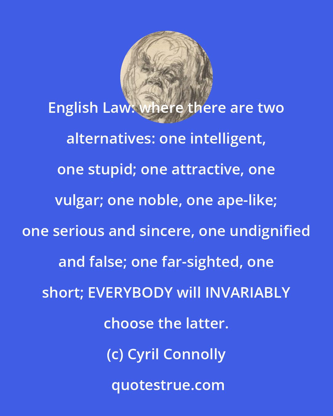 Cyril Connolly: English Law: where there are two alternatives: one intelligent, one stupid; one attractive, one vulgar; one noble, one ape-like; one serious and sincere, one undignified and false; one far-sighted, one short; EVERYBODY will INVARIABLY choose the latter.