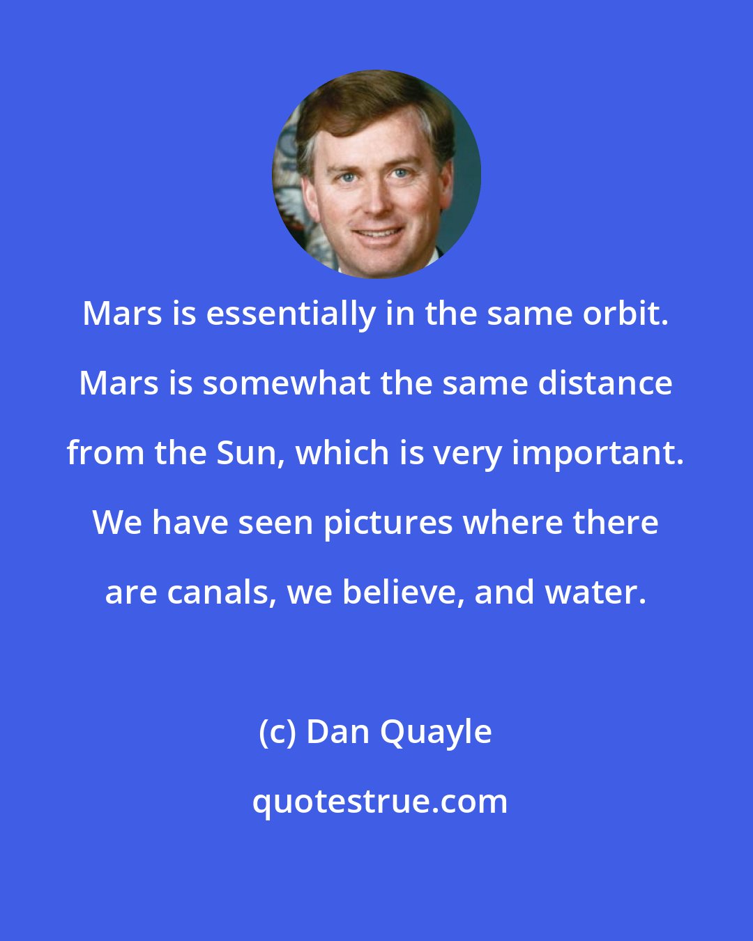 Dan Quayle: Mars is essentially in the same orbit. Mars is somewhat the same distance from the Sun, which is very important. We have seen pictures where there are canals, we believe, and water.